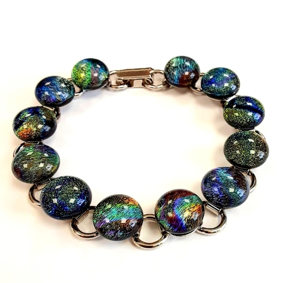 8" Galactic Dichroic Fused Glass Link Bracelet - Picture 1 of 2